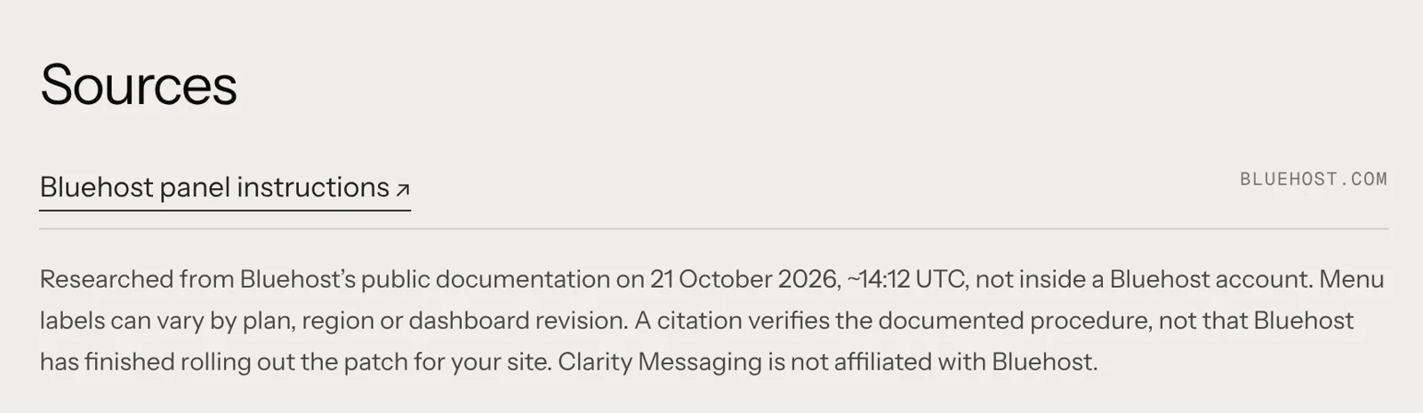 The sources section at the bottom of the Bluehost guide: the host’s own panel instructions, when they were checked, and what a citation does and doesn’t prove.