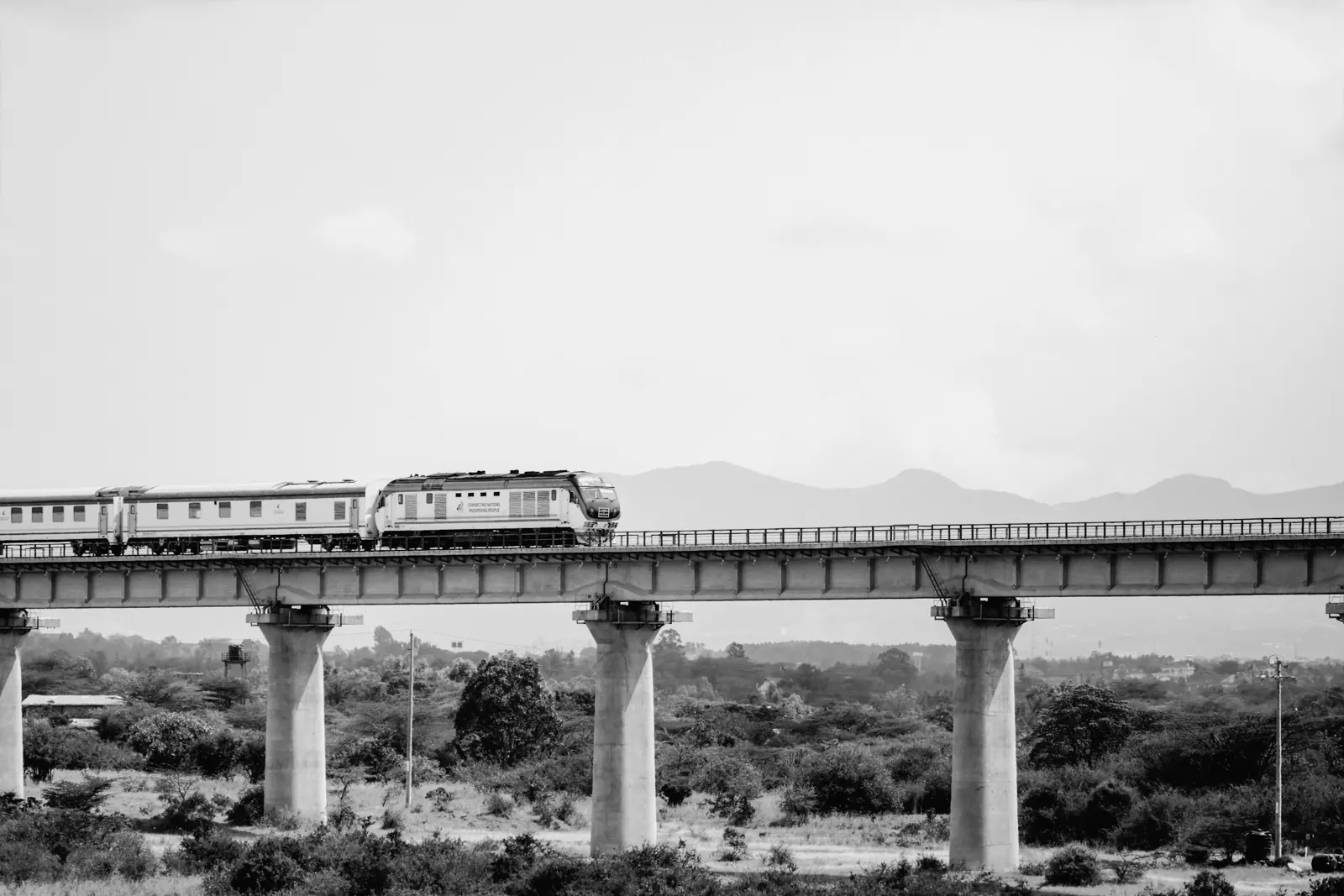 A train crossing a viaduct with mountains behind. Photo by Jordan Ryskamp.